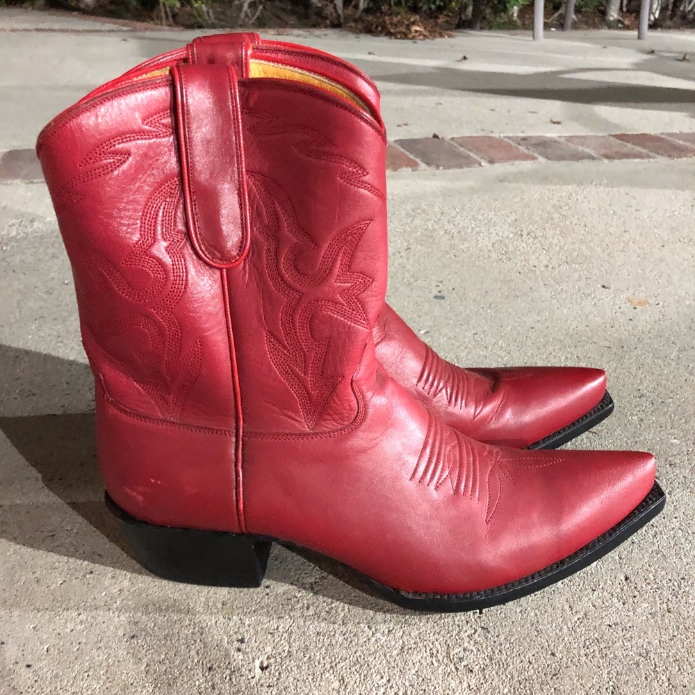 Red Cowboy Leather Western Ankle Boots